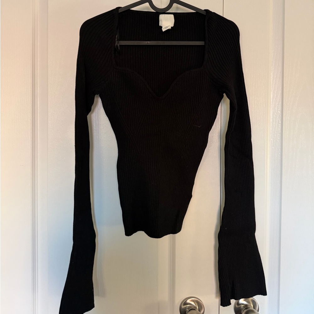 H&M Black Ribbed Long Sleeve Top - Size M